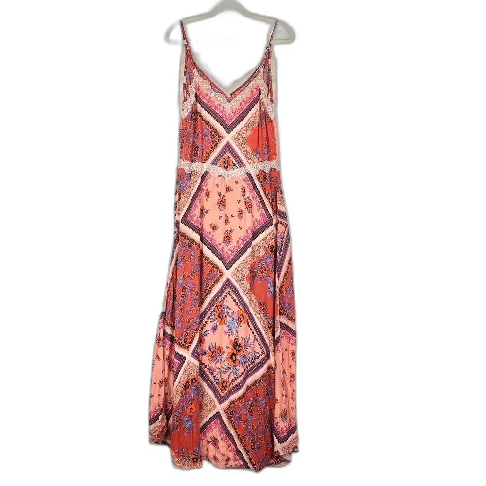 Free People Stevie Printed Maxi Slip Dress Size Large Floral Patchwork Scarf